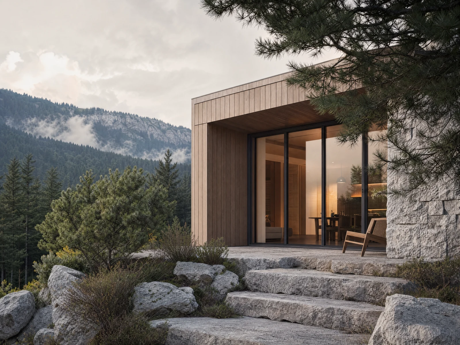 Illustrative concept: Timber home addition with mountain-region landscape and warm interior light